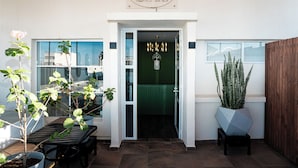 A spa entrance with a sign, a green interior, a chandelier, and potted plants. - Palacio Embajada (San Luis Potosí)