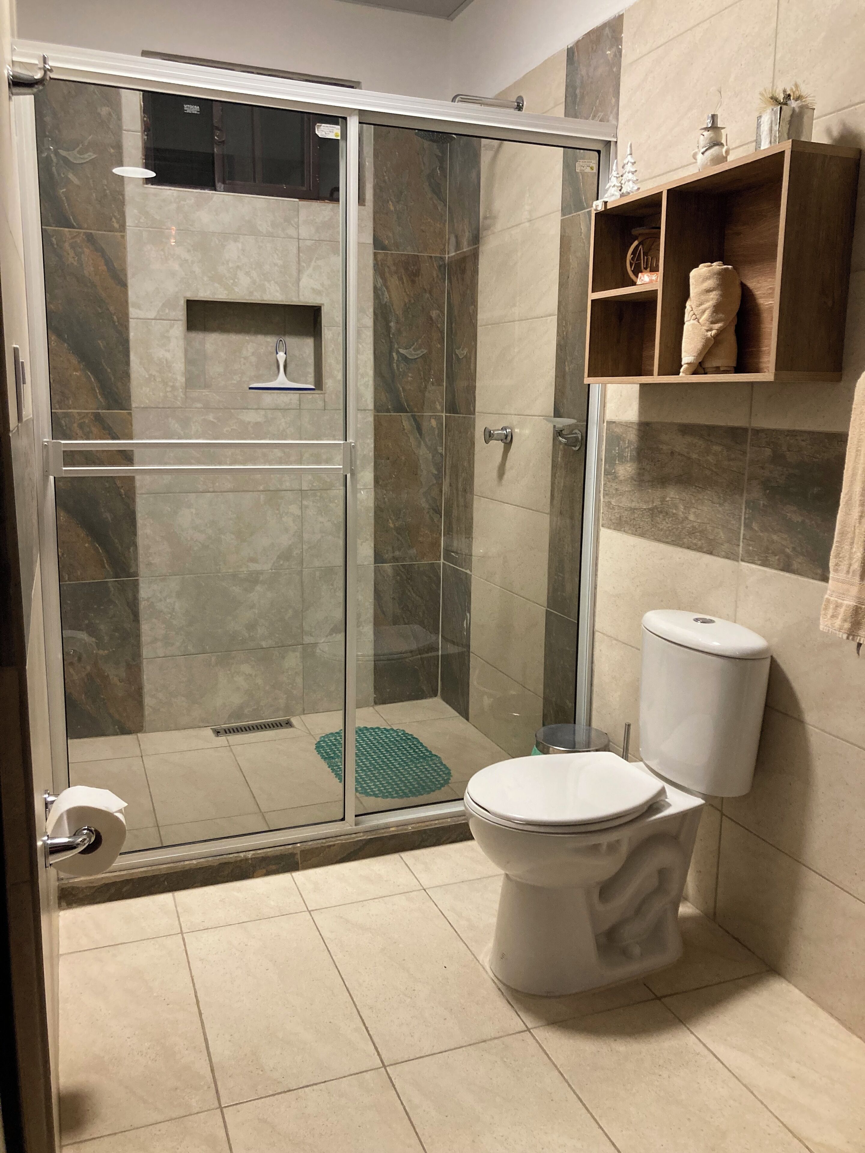 Moderni kylpyhuone, jossa on lasiseinällä varustettu suihku, wc ja hylly, jossa on hygieniatuotteita.