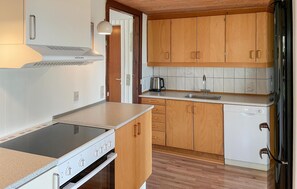 Fridge, stovetop, dishwasher, coffee/tea maker