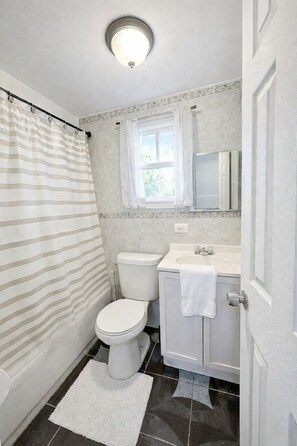 Hair dryer, towels, soap, toilet paper