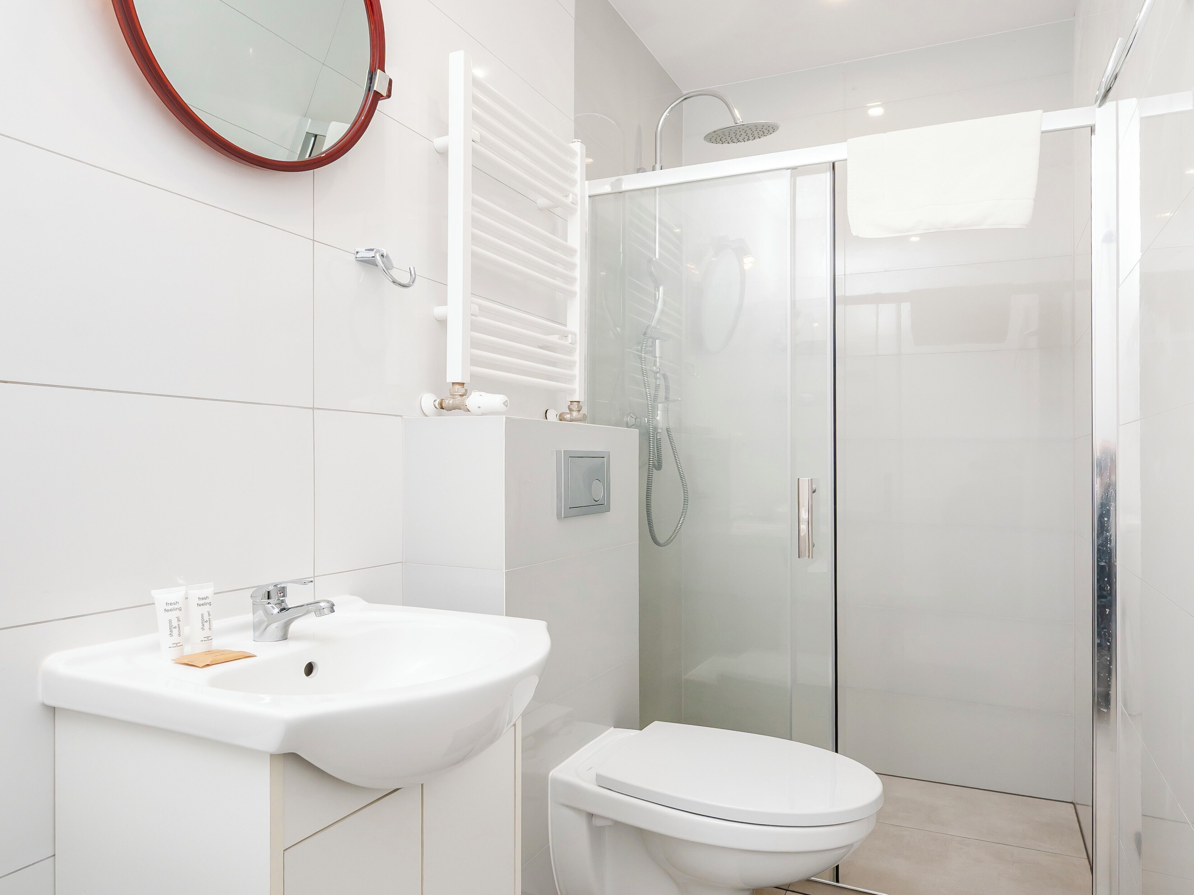 Shower, hair dryer, towels