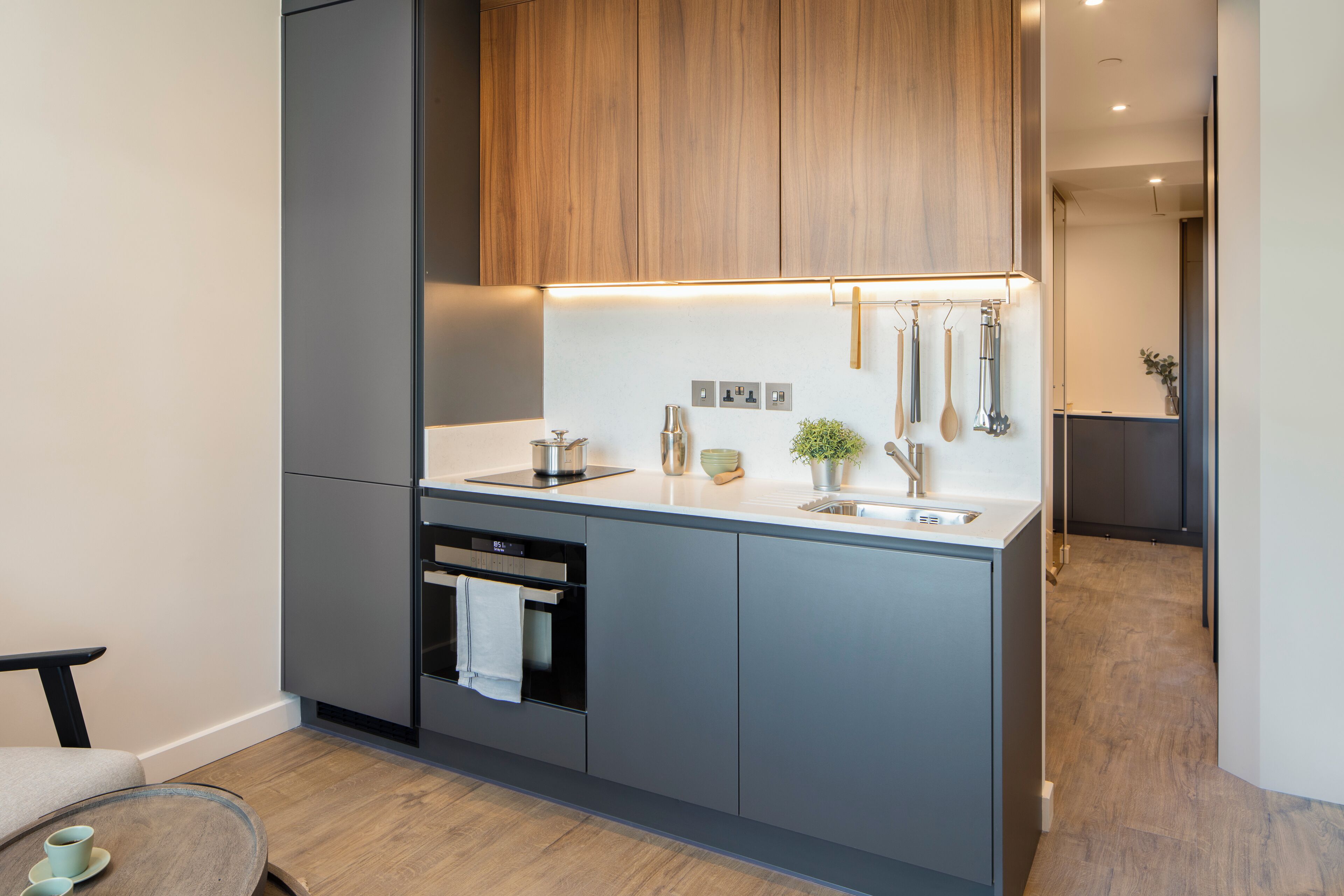 A modern kitchen with grey cabinetry, a built-in oven, and a countertop with a kettle and a plant.