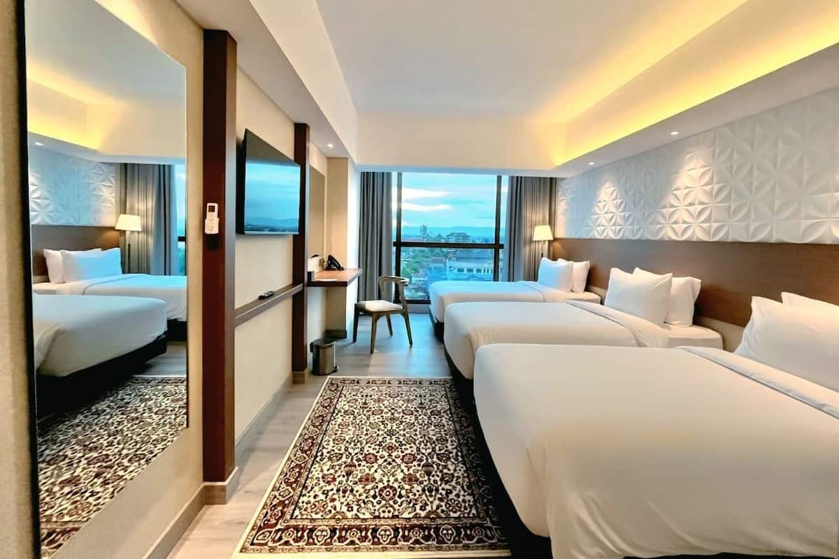 Hotelkamer met twee bedden, een grote spiegel, uitzicht op de stad en een kamerbreed tapijt met patroon.