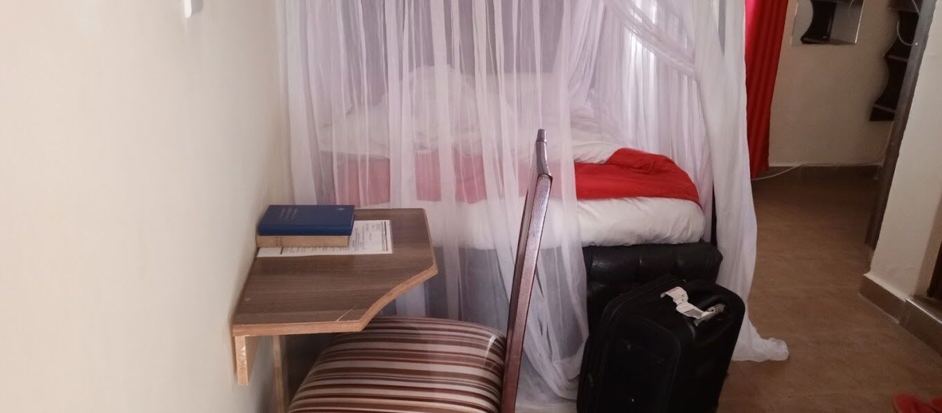 A small room with a bed covered by a sheer white canopy, a bedside table with a book and a tissue box, a striped chair, and a black suitcase on the floor.