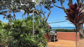 Un patio con una parrilla, rodeado de exuberante vegetación y vistas al océano.