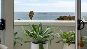 A balcony with two potted plants, a view of the sea, and a palm tree.
