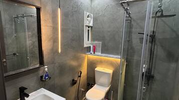 A modern bathroom with a glass shower enclosure, a white toilet, and a vanity with a mirror.
