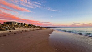 A beach with a row of houses along the shore.