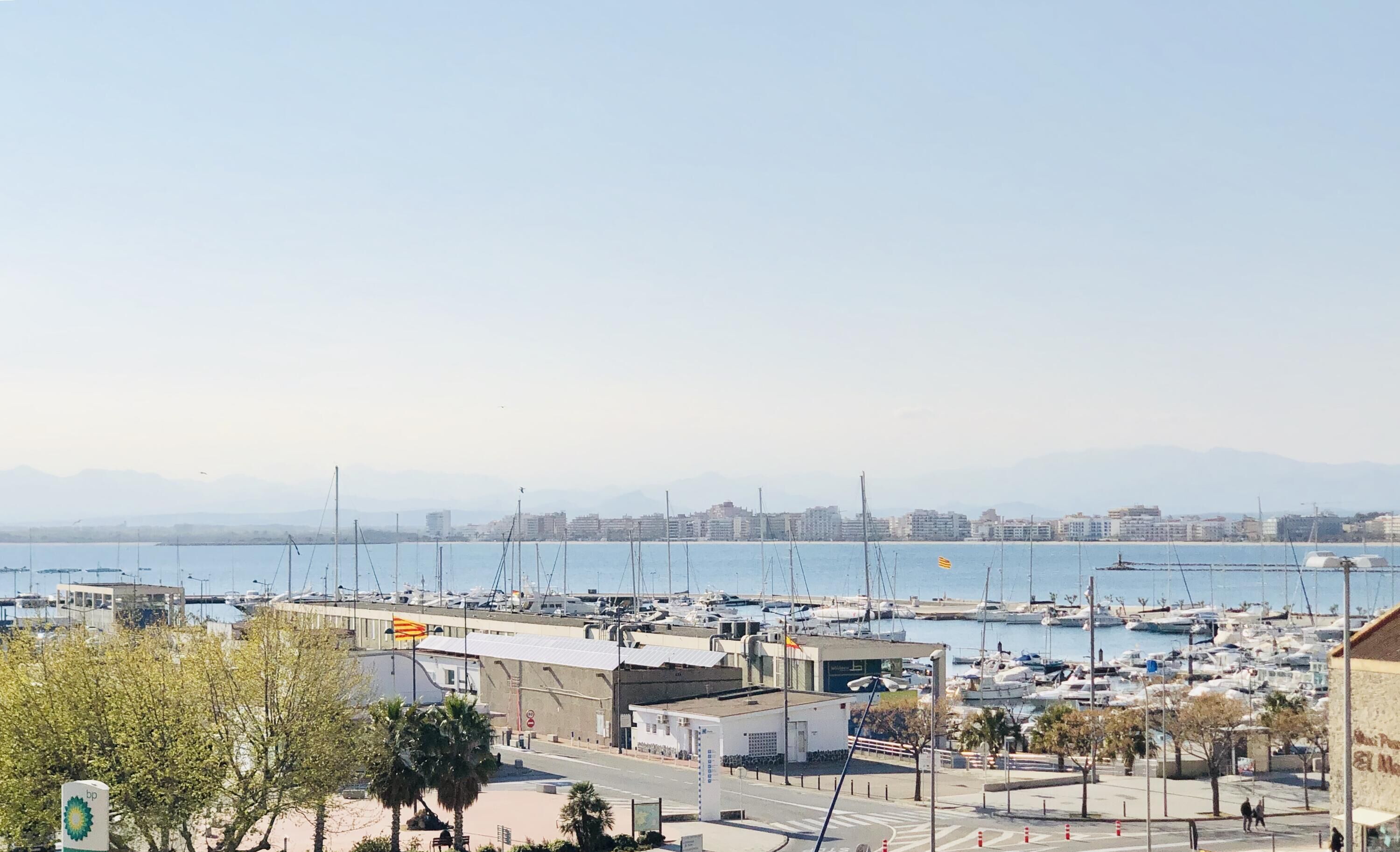A marina with boats, a clear sky, and buildings in the background.