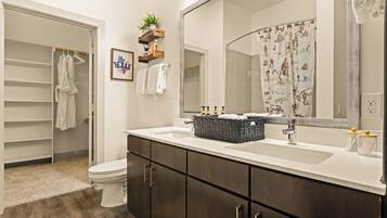 Hair dryer, towels, soap, toilet paper