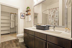 Hair dryer, towels, soap, toilet paper