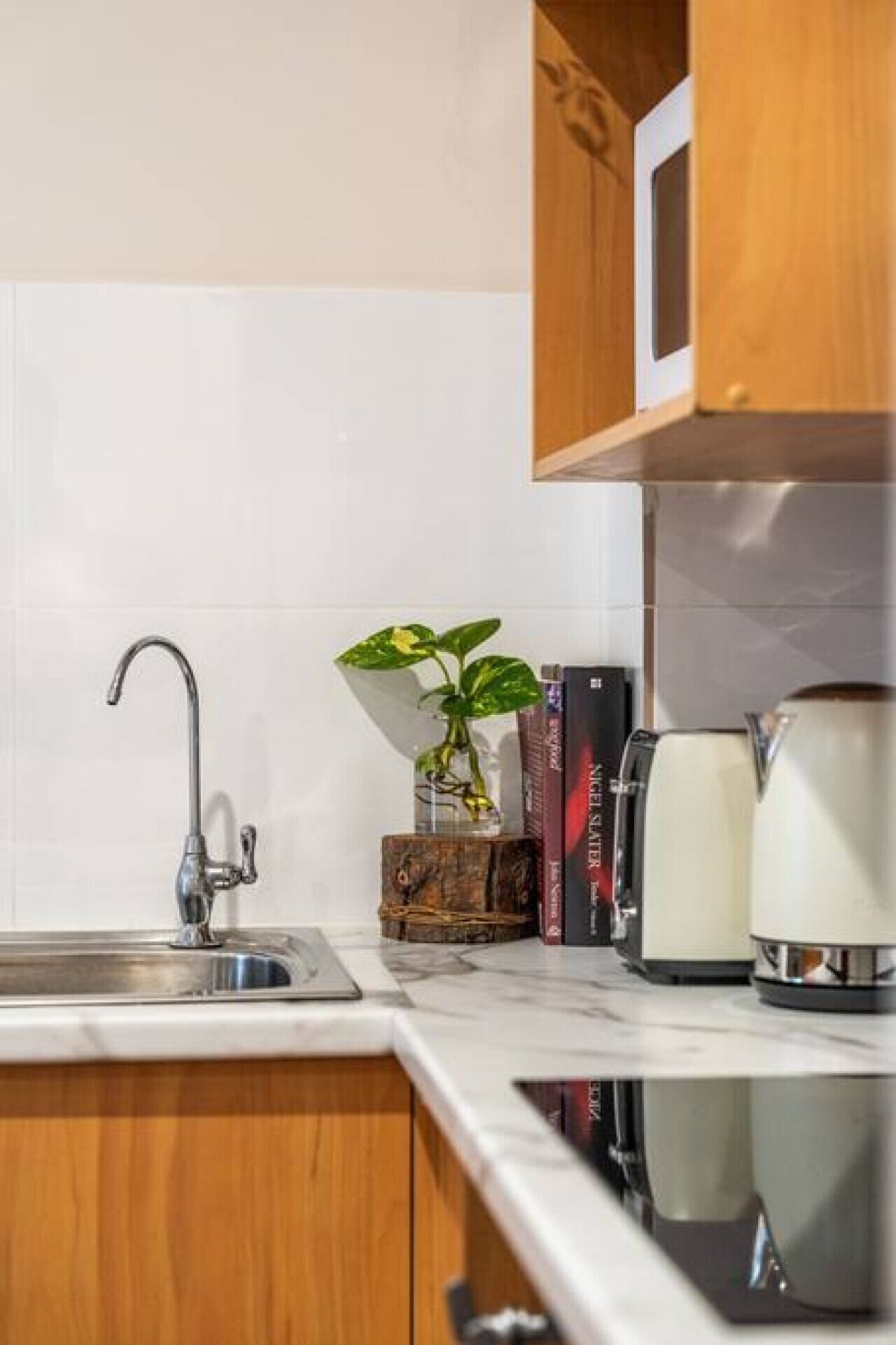 A kitchen with a stainless steel sink, a potted plant, a coffee maker, and a microwave.