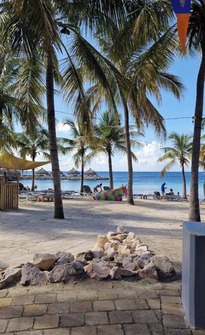 Une plage bordée de palmiers, une structure à toit de chaume et une clôture en bois.