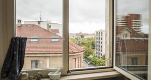 Ett rum med ett fönster som vetter ut mot en stadsbild, med ett tak täckt av tegelpannor, en byggnad med flera fönster och utsikt över andra byggnader och grönområden.