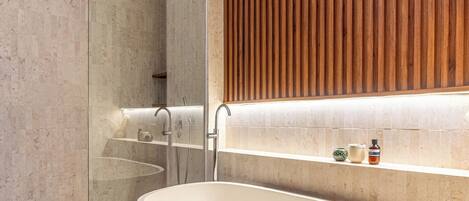 Shower, towels, soap, toilet paper