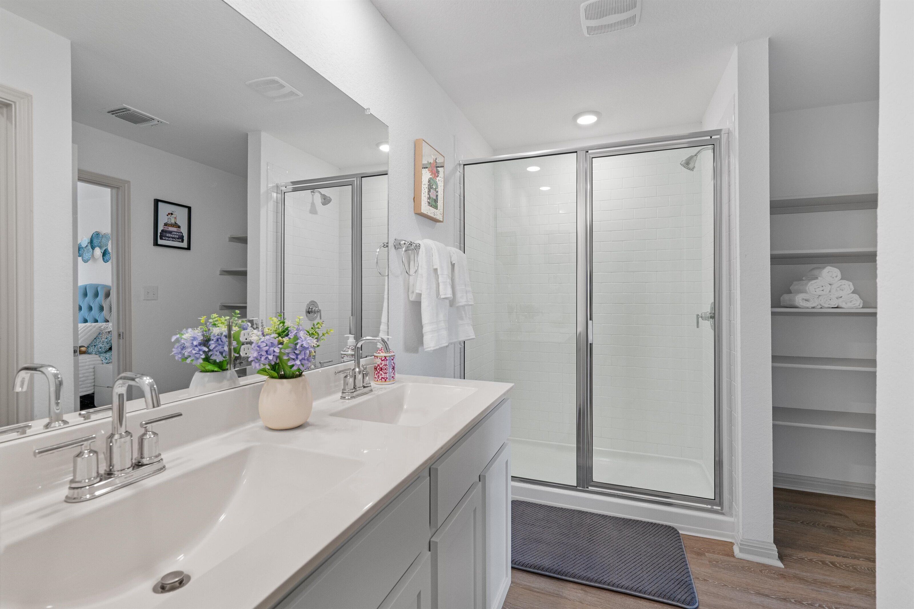 Hair dryer, towels, soap, shampoo