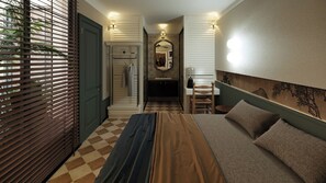 A bedroom with a checkered floor, a bed with a headboard, a mirror, and a small table with a chair. - A Stay In Bàu Vá (Hue)