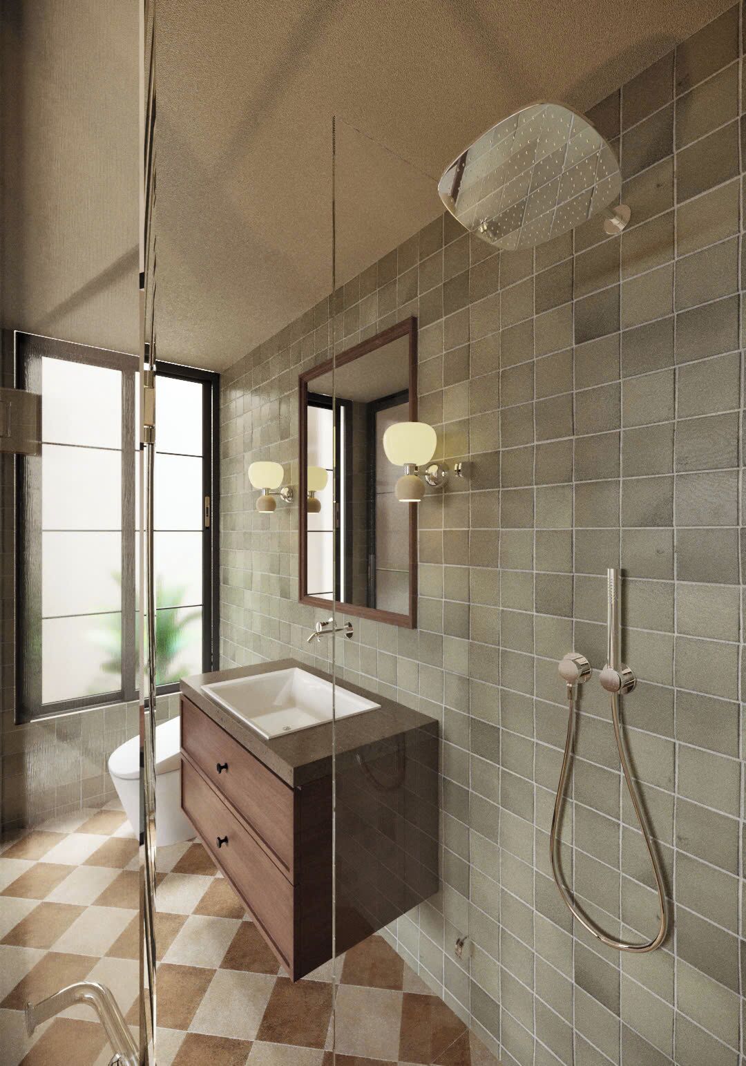 A modern bathroom with a large mirror, a sink, and a shower.