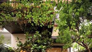 A checkered outdoor patio with wicker furniture, potted plants, and a brick wall in the background.
