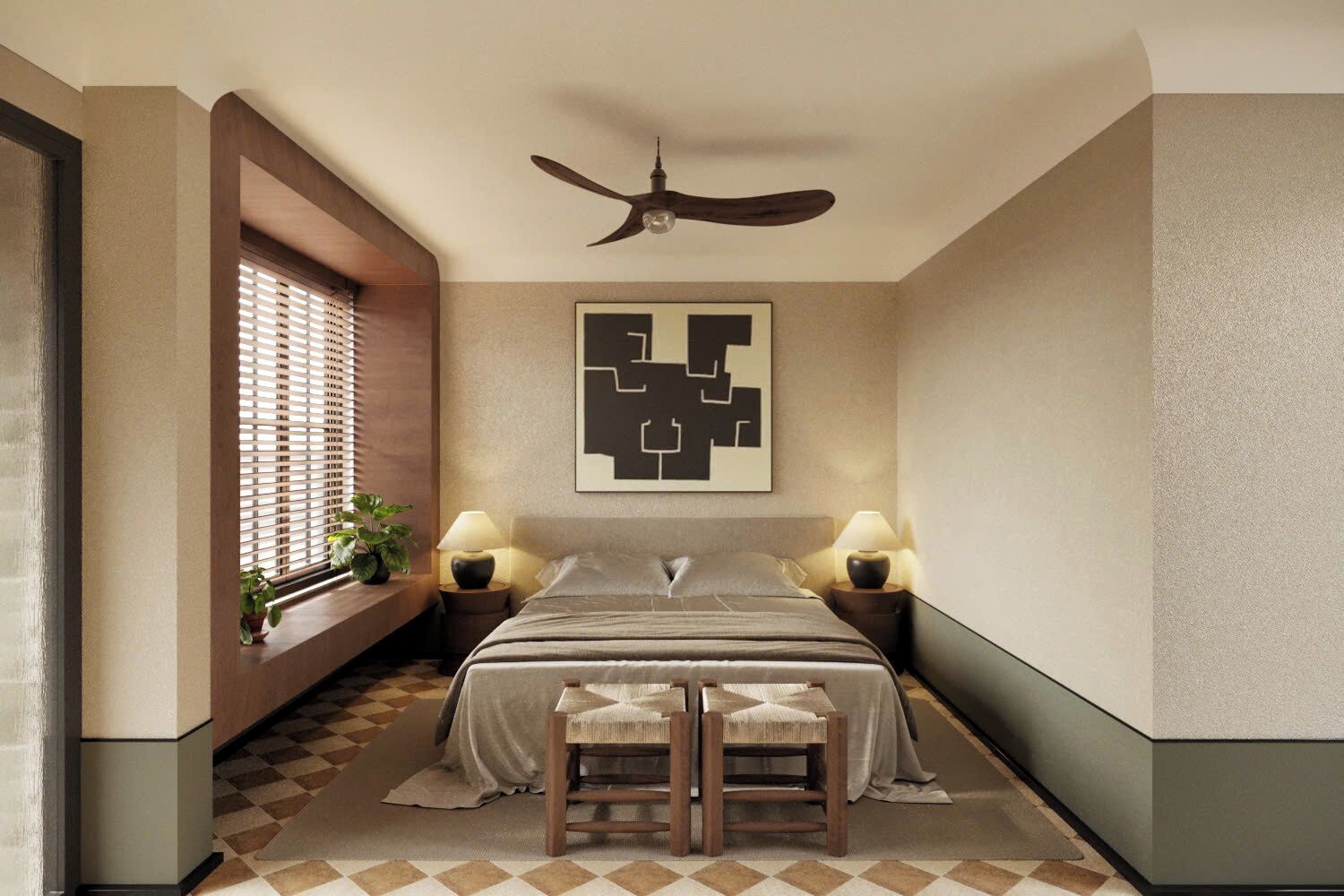 A bedroom with a bed, two bedside tables with lamps, a ceiling fan, a window with blinds, and a wall-mounted abstract artwork.