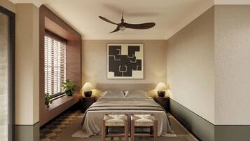 A bedroom with a bed, two bedside tables with lamps, a ceiling fan, a window with blinds, and a wall-mounted abstract artwork.