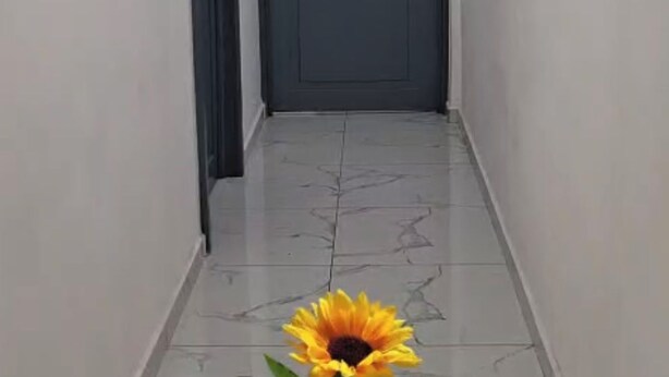 Un couloir avec une porte fermée, marquée d’un « B » et ornée d’un motif de tournesol, ainsi que d’un texte accueillant les visiteurs à The Bello Lodging.
