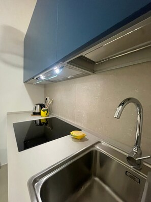 Fridge, microwave, stovetop, electric kettle