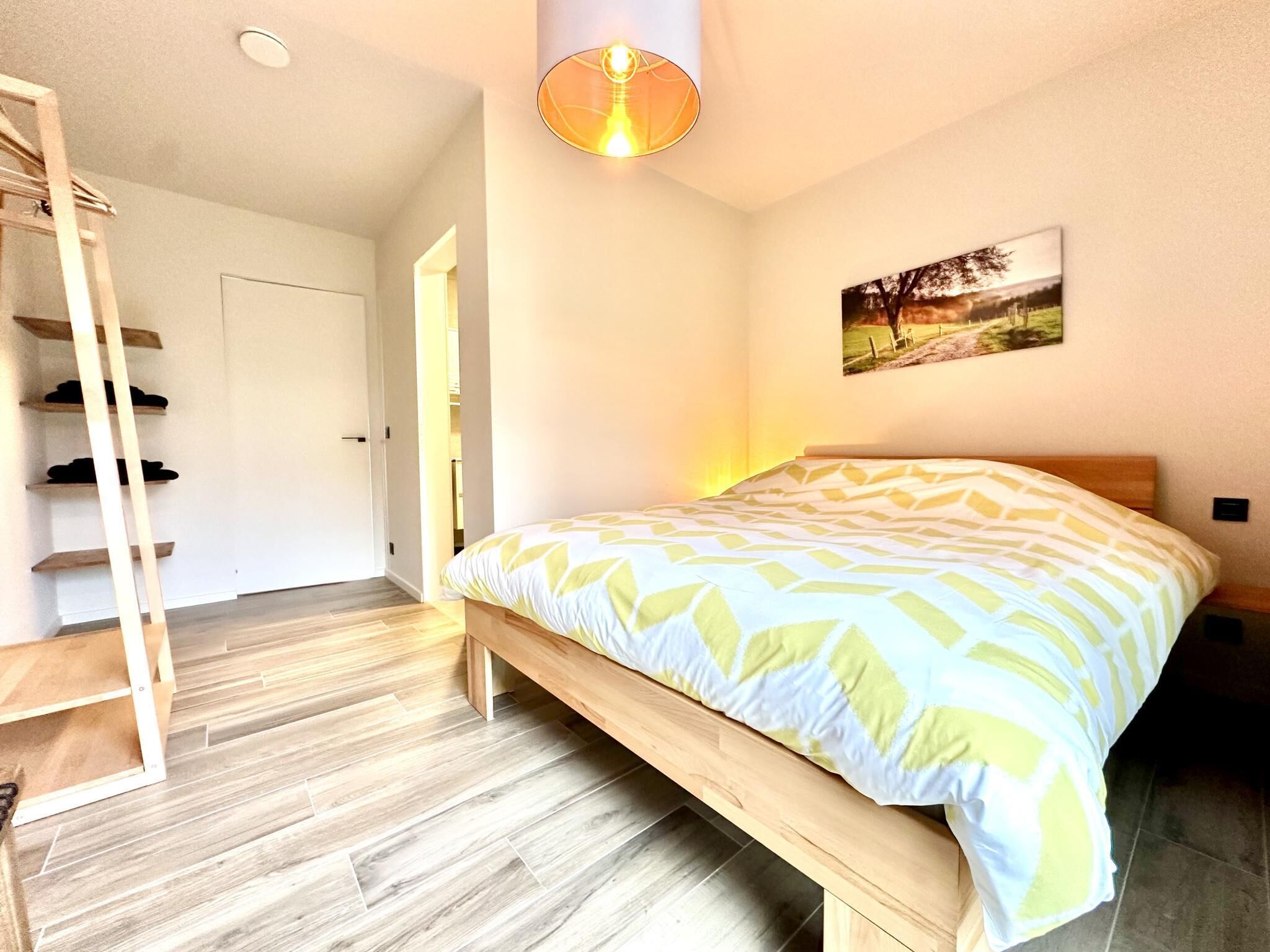 A bedroom with a wooden bed, a ladder, a door, and a wall-mounted light fixture.