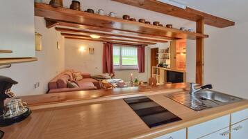 Kühlschrank, Mikrowelle, Herdplatte, Wasserkocher mit Kaffee-/Teezubehör