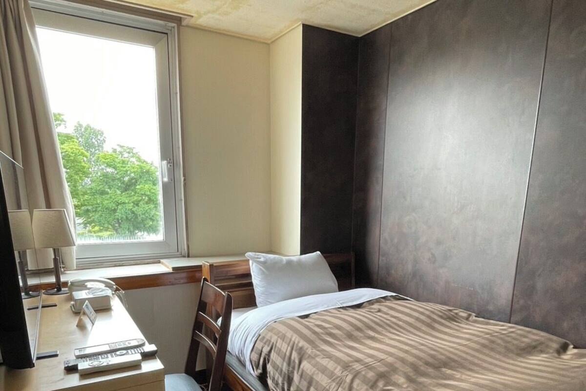 Een kleine hotelkamer met een enkel bed, een bureau met stoel, een raam met gordijnen en een plafondlamp.