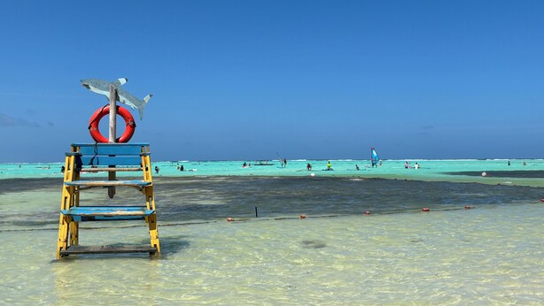 A lifeguard tower with a red life ring and a shark fin decoration on a beach with clear turquoise water. - Villa Sugar Garden (Kralendijk)