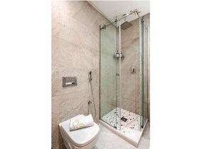 Hair dryer, towels, soap, shampoo