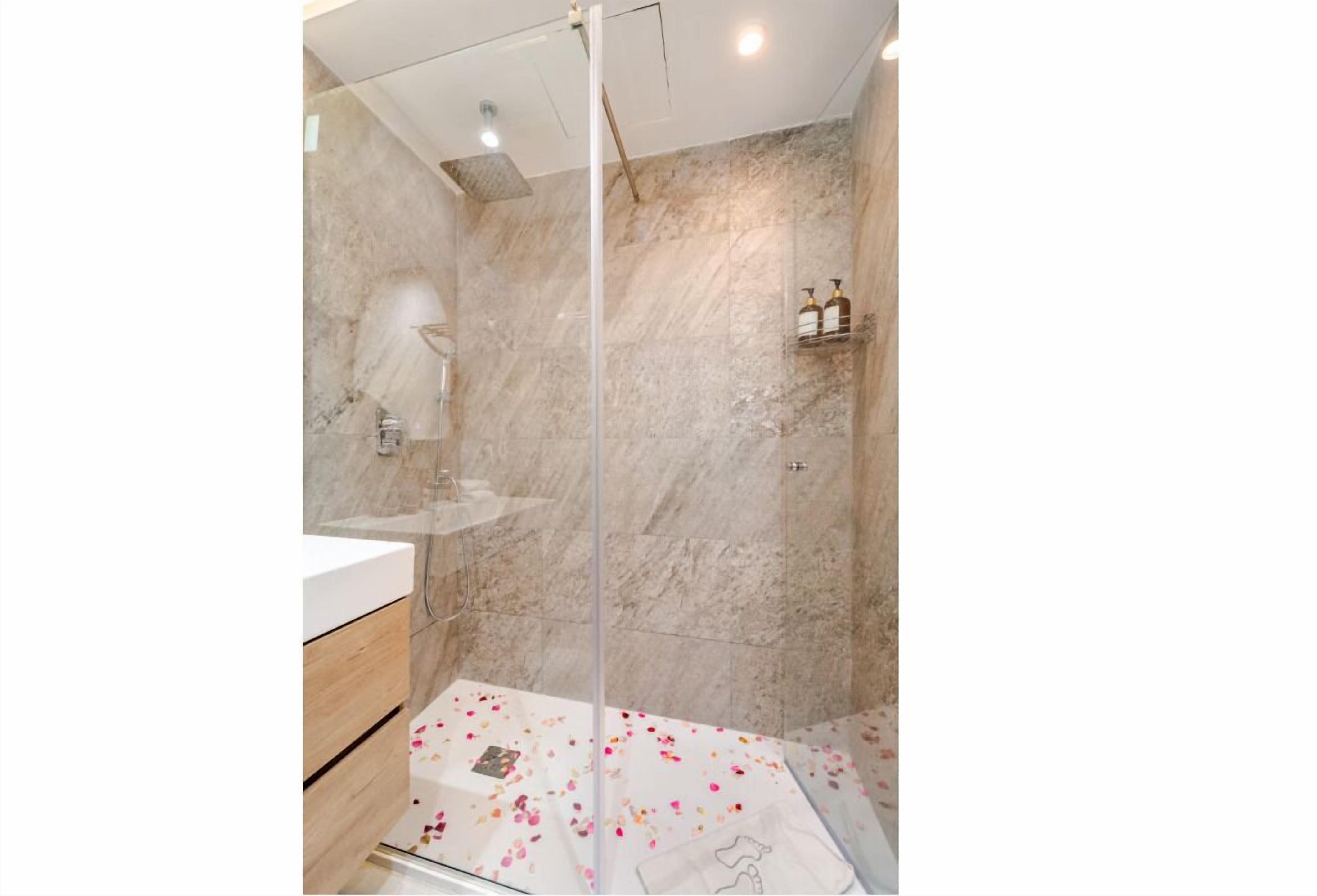 Hair dryer, towels, soap, shampoo