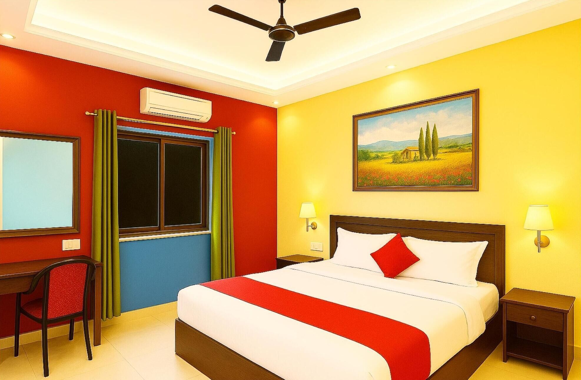 Peralatan tempat tidur hipoalergenik, peti besi dalam bilik, meja 