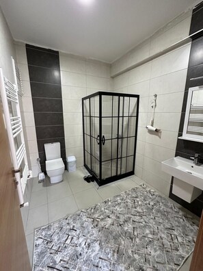 Douche, séchoir à cheveux, serviettes fournies, savon