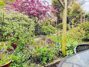 Ein Garten mit verschiedenen Pflanzen und einer Holzhütte.