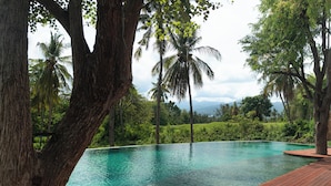 A clear view of a swimming pool surrounded by lush greenery and trees. - House Sira Lombok (Tanjung)