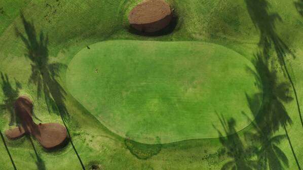 Un campo de golf con un putting green, búnkeres de arena y sombras de árboles.