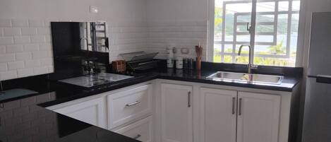 Fridge, microwave, stovetop, coffee/tea maker