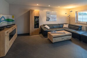 Smart TV, chimenea, reproductor de DVD y libros 