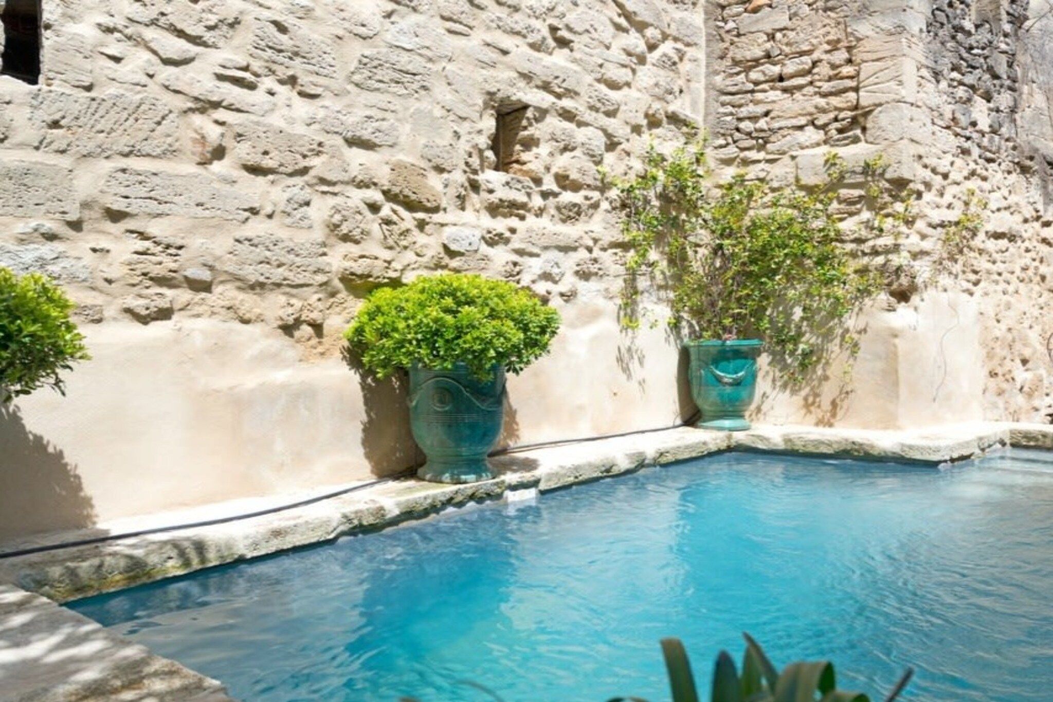 A pool with a stone wall and two potted plants.