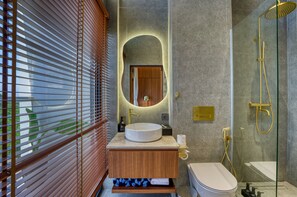 Shower, hair dryer, bidet, towels
