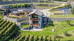 Uma casa moderna com fachada de pedra, deck de madeira e área de piscina.