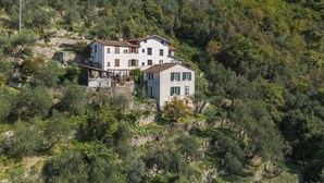 Ein zweistöckiges Haus mit einer Steintreppe, die zum Eingang führt, umgeben von dichtem Grün und Hügeln.