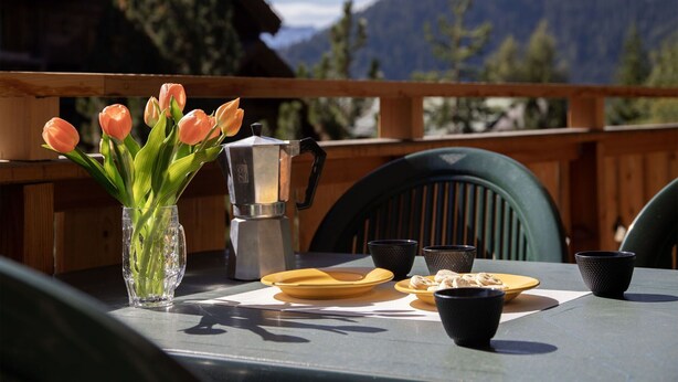 Taula amb una cafetera, un bosc de tulipes i plats amb galetes a una terrassa amb vista a una muntanya.