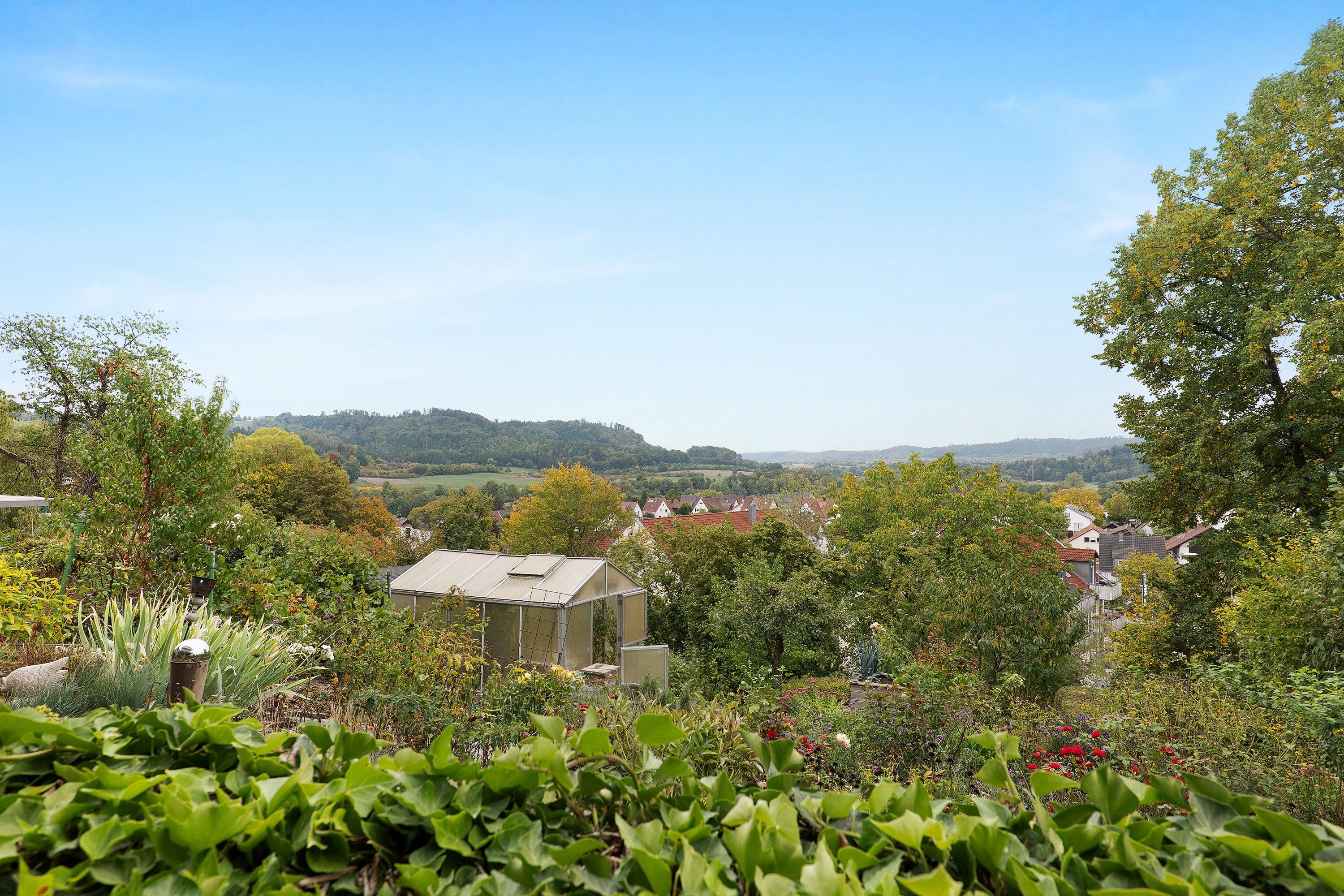 Un barrio residencial con casas, un invernadero y un paisaje montañoso al fondo.
