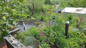 Un jardin luxuriant agrémenté d’un élément aquatique, de diverses plantes et d’une serre.