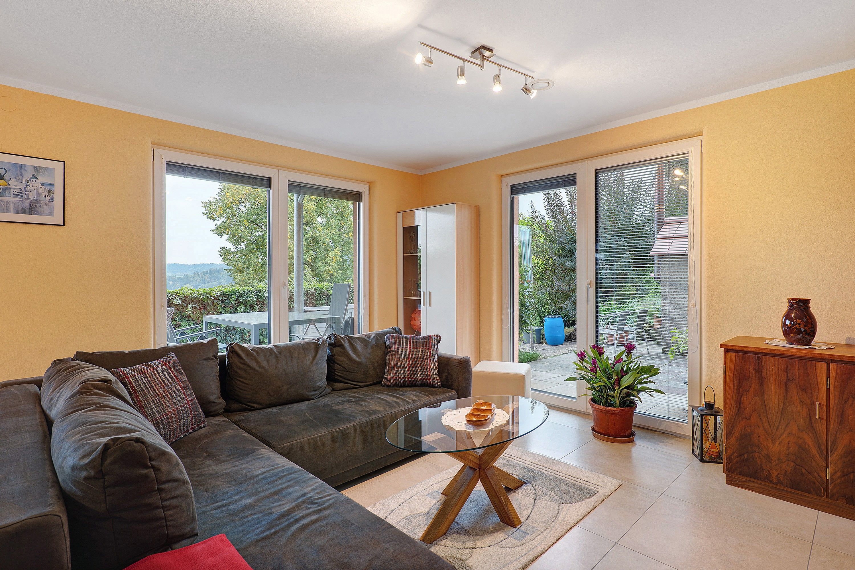 A living room with a sofa, a glass coffee table, and a cabinet. There are large windows and a view of greenery outside.