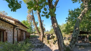 Un bâtiment rustique en pierre, doté de volets en bois, entouré d’arbres et d’un mur de pierre.