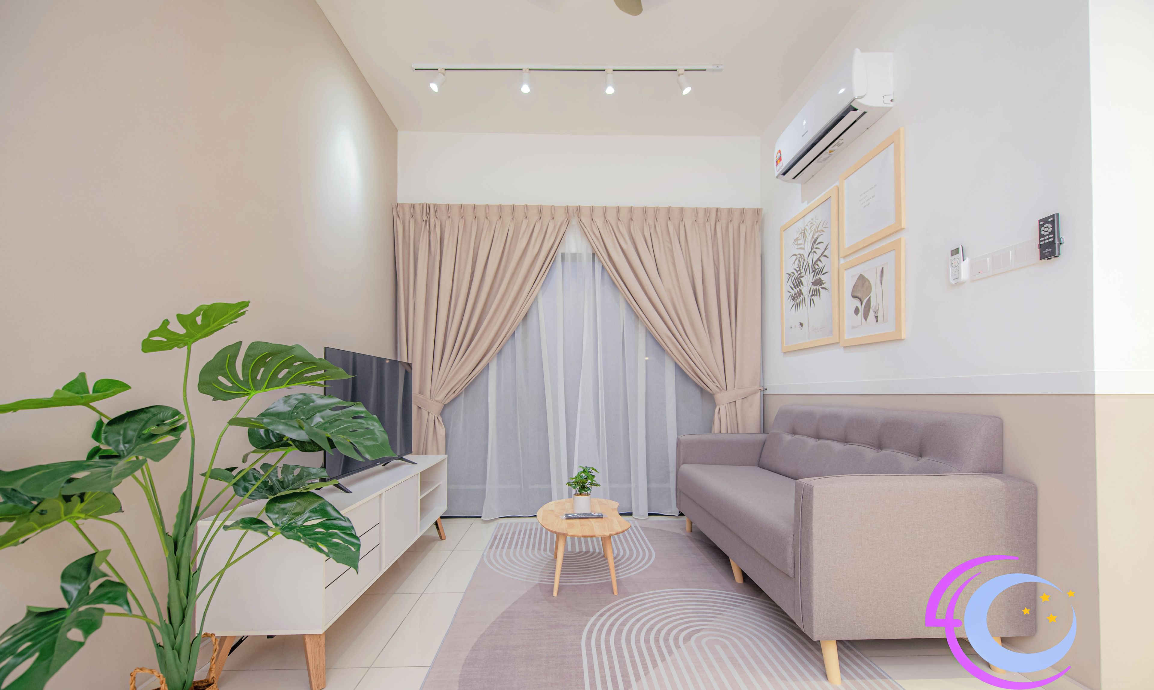 Un salon moderne avec un canapé, un téléviseur, une plante et un tapis décoratif.